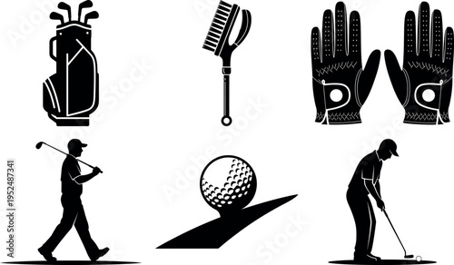 Golf equipment and player silhouettes collection isolated for sports designs