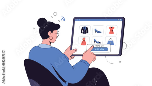 A woman interacting with a tablet displaying clothing items on a website, sitting in a chair with a focused expression, against a clean white background with a minimalist style.