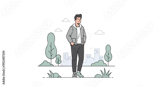 Illustration of a young man standing confidently in a park with a cityscape background and minimalist line art style.