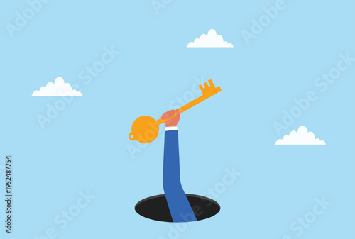Vector illustration of a hand emerging from a hole holding a key, symbolizing discovery, opportunity, and unlocking new possibilities, minimal design
