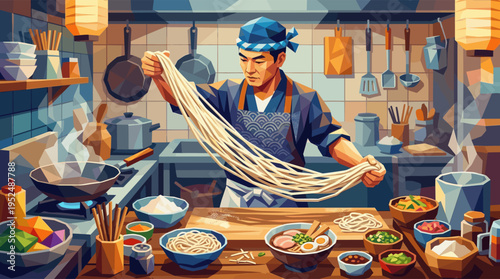A skillful Japanese chef pulls fresh handmade ramen noodles in a traditional kitchen, a warm and authentic illustration of culinary arts.