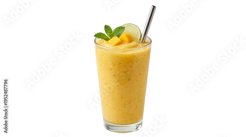 Refreshing yellow mango smoothie in a clear glass with a reusable metal straw, garnished with a lime slice and mint leaves, perfect for a healthy breakfast or snack