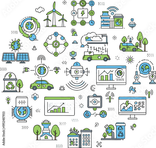 Smart city and sustainable energy icons set featuring renewable power, IoT networks, green technology, electric transport, environmental monitoring and urban innovation vector illustration