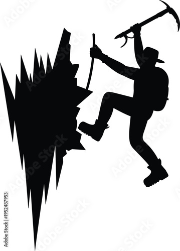 Silhouette of a brave mountain climber with an ice axe scaling a jagged rock cliff to reach the snowy summit peak