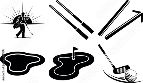Assorted golf equipment and icons featuring clubs putter and player illustration