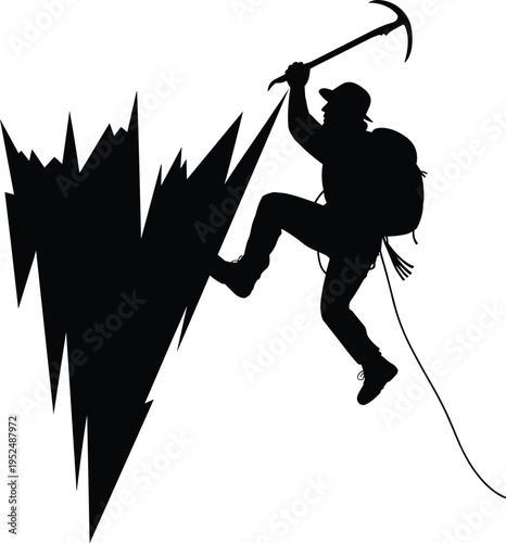 Silhouette of a brave mountain climber using an ice ax to scale a steep jagged peak for adventure and success