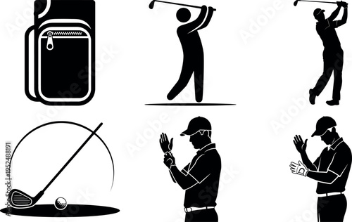 Collection of golfthemed silhouettes showing swings and accessories isolated illustration