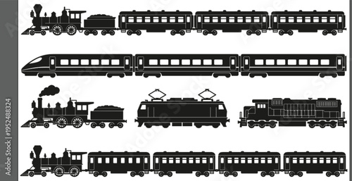 Train silhouette collection featuring steam locomotive, electric and modern passenger trains, railway transport icons, minimal black design, vintage and contemporary rail illustration
