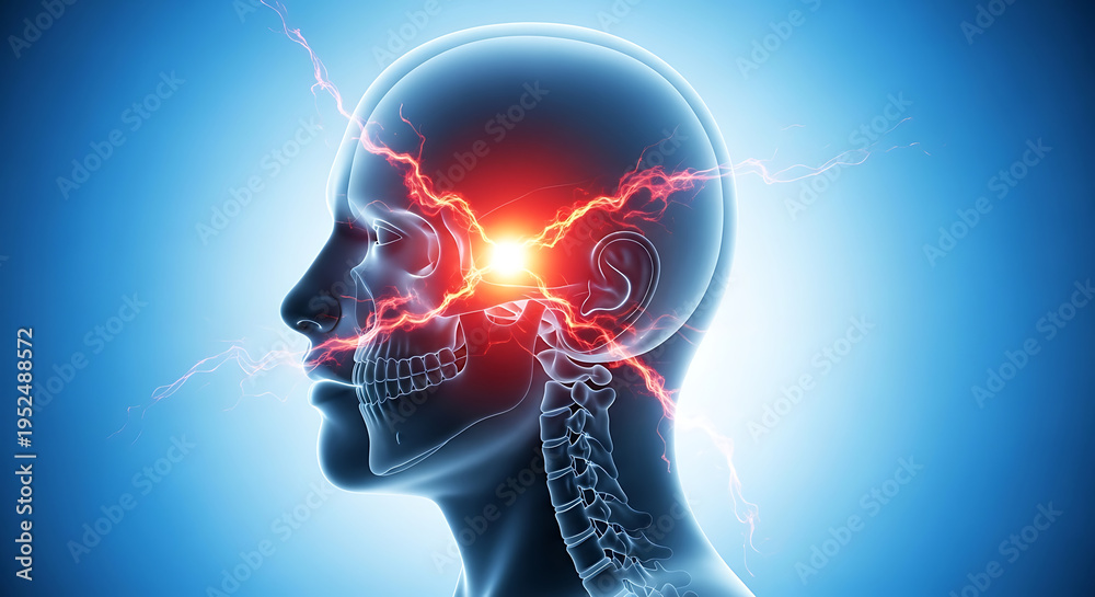 Fototapeta premium Headache and brain pain concept with glowing red migraine