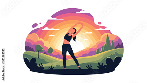 Illustration of a woman playing golf at sunset with a vibrant colorful sky and green hills in the background.