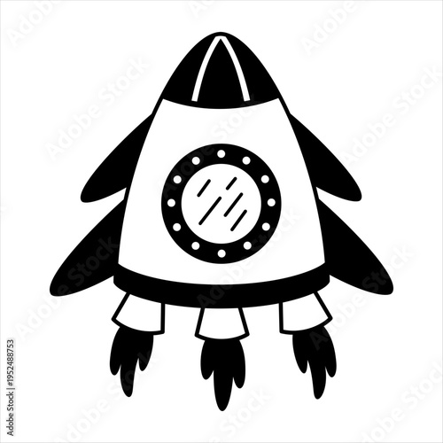 Cartoon rocket ship clipart, isolated black and white space transport doodle for kids cosmos design. Vector illustration.