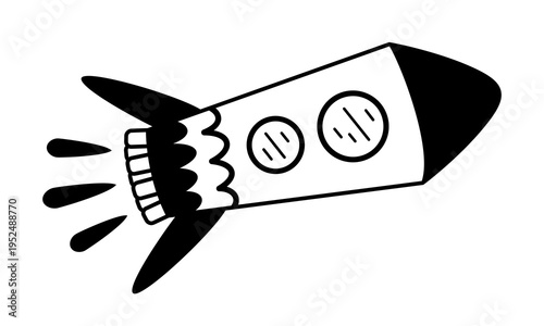 Black and white cartoon rocket ship clipart, isolated space transport doodle for kids cosmos design. Vector illustration.