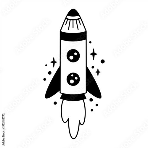 Cartoon rocket ship clipart, isolated black and white space transport doodle for kids cosmos design. Vector illustration.