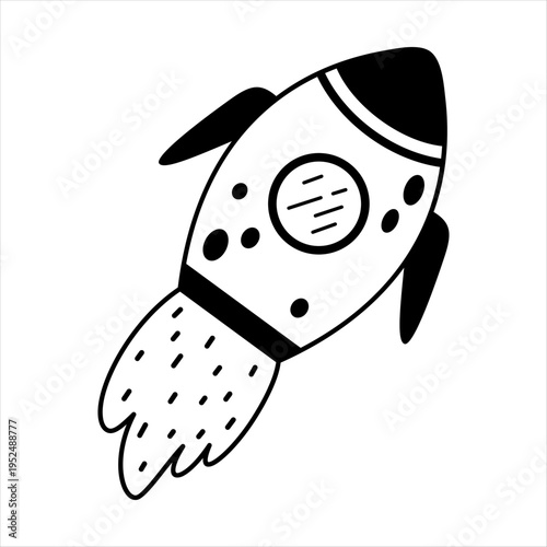 Cartoon rocket ship clipart, isolated black and white space transport doodle for kids cosmos design. Vector illustration.