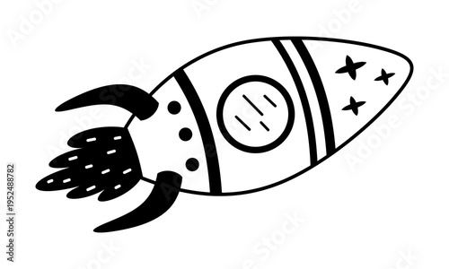 Black and white cartoon rocket ship clipart, isolated space transport doodle for kids cosmos design. Vector illustration.