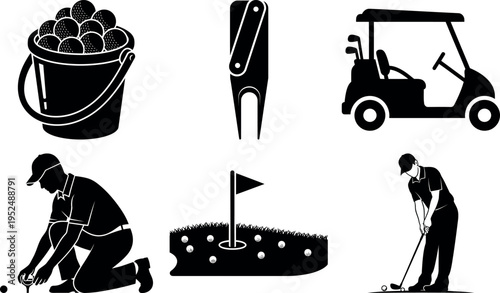 Collection of golf equipment and players in action isolated illustration set