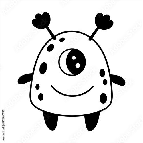 Cute cartoon alien clipart, Black and white extraterrestrial character for kids space design. Fantasy cosmic doodle, vector illustration