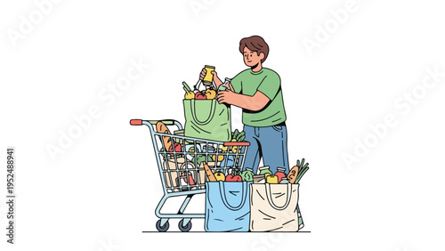 Man putting groceries into reusable bags from shopping cart with fresh produce in a colorful illustration.