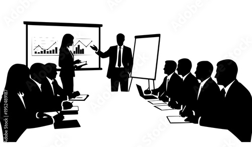 Striking Business Meeting Silhouette Vector with Presenter and Attendees for Corporate and Professional Design