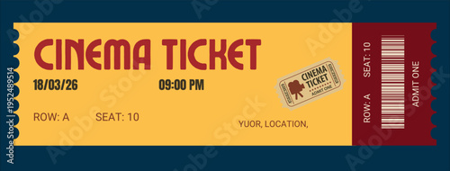 Vintage style cinema ticket template with yellow background and red typography featuring row and seat numbers