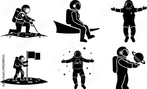 Collection of astronauts in various space exploration activities isolated illustration