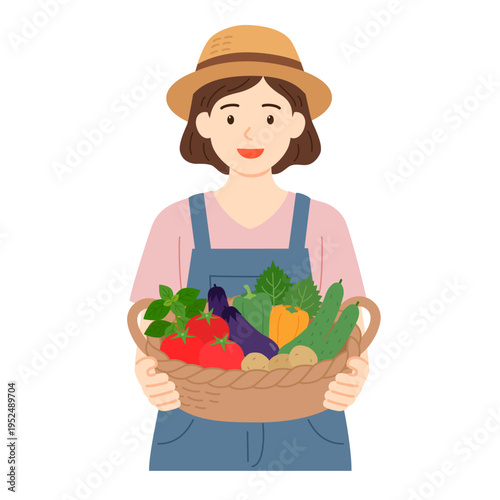 収穫したばかりの夏野菜をカゴに持つ女性のイラスト