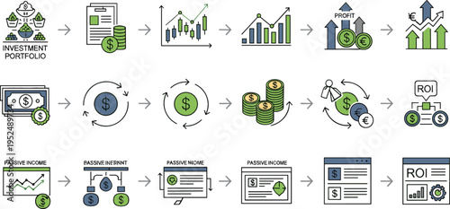 Investment portfolio growth icons set featuring ROI analysis, profit increase, financial planning, asset management, revenue streams and business performance vector illustration