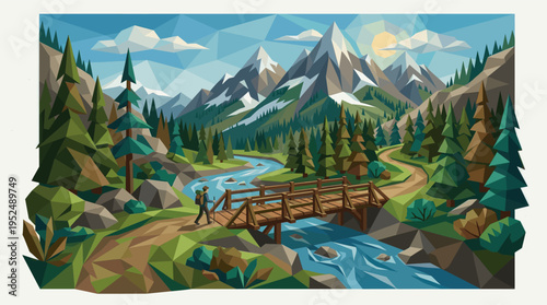 A hiker with a backpack crosses a wooden bridge in a vibrant, geometric low poly mountain landscape on a sunny day.