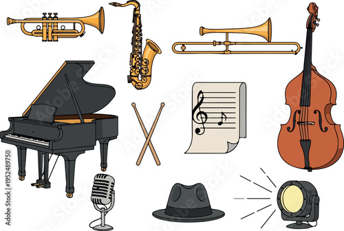 A collection of musical instruments and jazz accessories including a grand piano, saxophone, trumpet, trombone, double bass, drums, microphone, music sheet, and hat