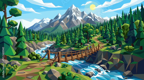 A vibrant low poly illustration of a wooden bridge crossing a river in a mountain valley with a sunny forest and snow-capped peaks.