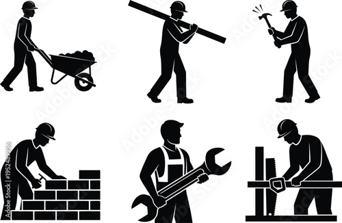 Construction workers engaged in various tasks silhouette illustrations