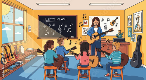 Children's Guitar Class: Fun Music Lesson with Teacher and Students Playing Guitars