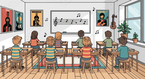 Children learning music in a classroom, with musical notes on whiteboard and posters
