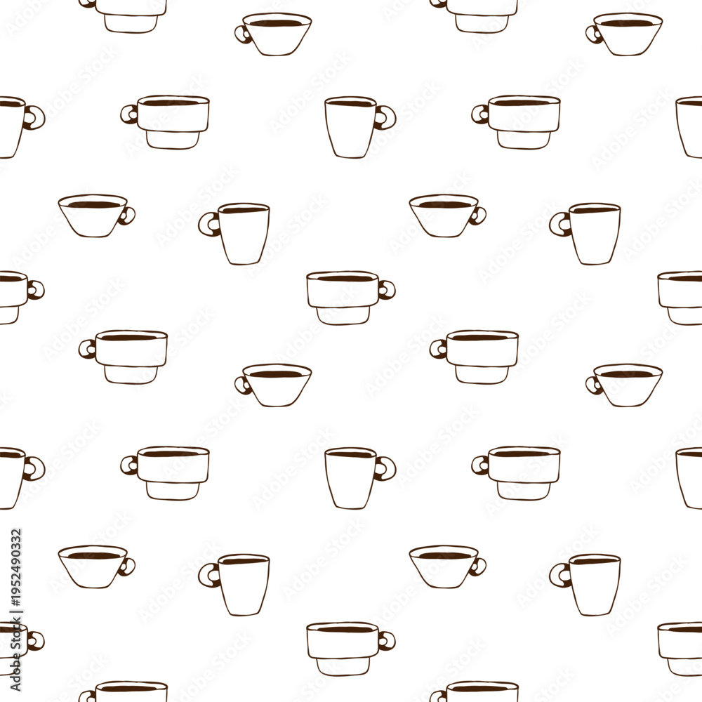 Obraz premium Seamless pattern with hand drawn coffee cups and mugs. Minimal line art background with espresso and cappuccino cups. Vector illustration for cafe branding, packaging, textile and wallpaper design