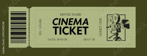 Minimalist green cinema ticket with retro projector illustration and barcode for show admission and entrance