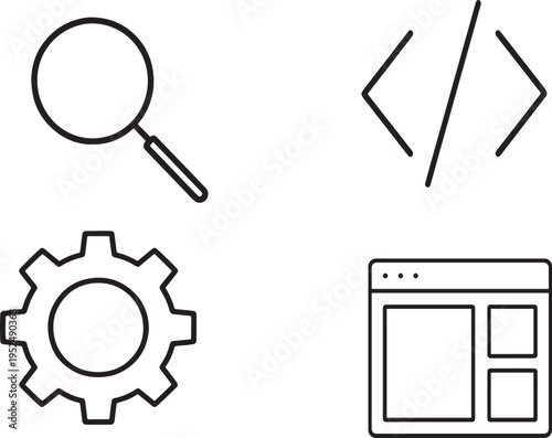Web Development Icons - Search, Code, Settings Gear, and Browser Window