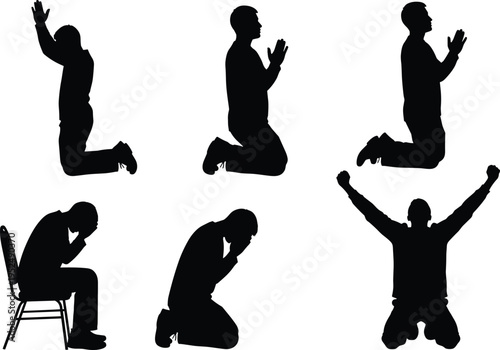 Black silhouettes of a man praying, kneeling in worship, feeling grief, seeking hope, and praising God on a white background.