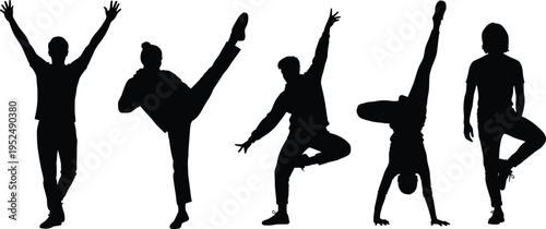 Black silhouettes of people in active poses, dancing, doing yoga, martial arts, handstands and celebrating on a white background for design.