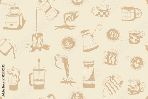 Coffee pot, coffee cups, coffee grinder seamless pattern. Mediterranean blue hand drawn endless background. Vector illustration for packaging, textiles, wrapping paper, cafe branding, food design
