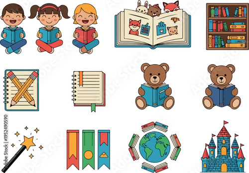 Collection of charming cartoon illustrations depicting various reading and education-related items and concepts, perfect for children's books or school projects