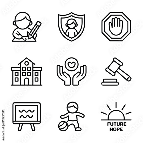 Children education and human rights line icons set including child writing, shield, stop hand, school, hands with heart, gavel, blackboard, child playing, and future hope