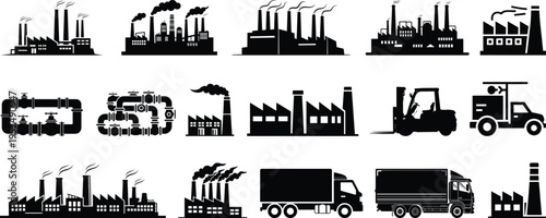 Industrial factory icons set with trucks forklifts pipelines and smokestacks silhouettes for manufacturing logistics energy production and heavy industry vector collection