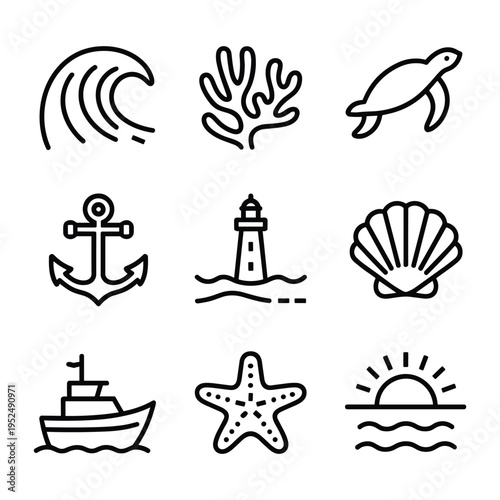 Ocean and marine life line icons set including wave, coral, turtle, anchor, lighthouse, seashell, boat, starfish, and sunset