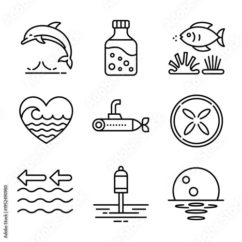 Marine life and ocean exploration vector icon set