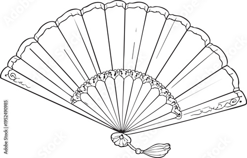 Beautiful decorative hand fan with intricate design and tassel