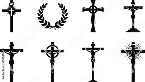 Set of Christian crucifix icons featuring Jesus Christ on the cross with laurel wreath and Celtic symbols for Good Friday, Easter, and church branding.