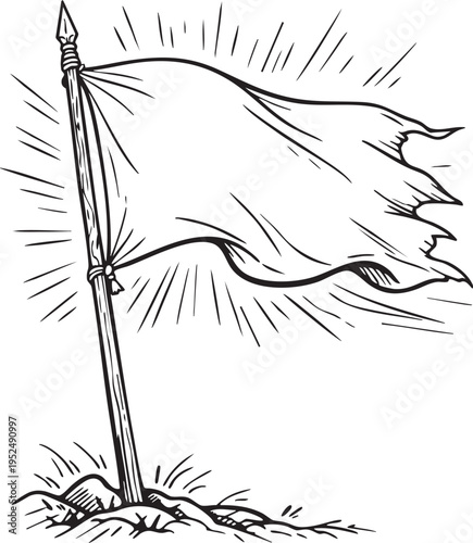 A flag is planted firmly in the ground waving in the wind
