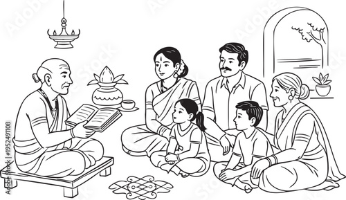 Traditional Indian family gathered around an elderly man reading from a book