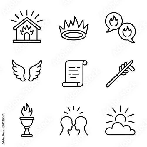 Pentecost and spiritual awakening line icons collection