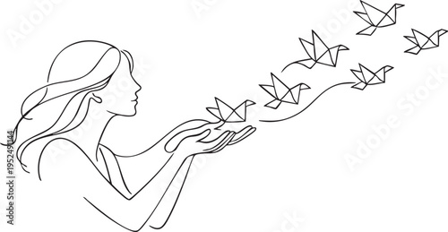 Minimalist line drawing of a woman releasing origami birds from her hands into the air